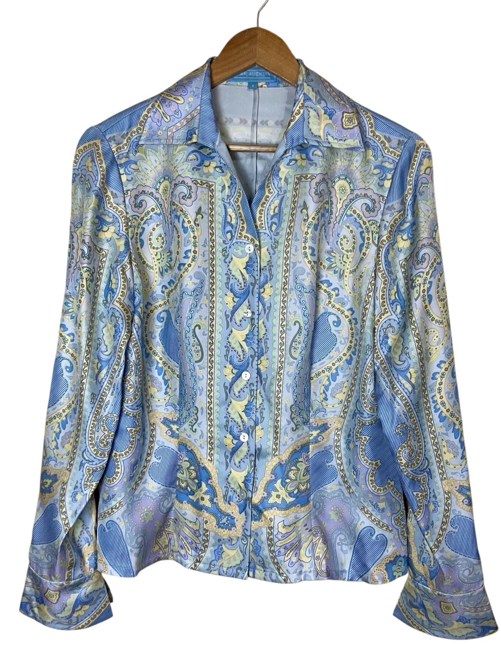 J. McLaughlin 100% Silk Paisley Button Down Pastel Blue Size 8